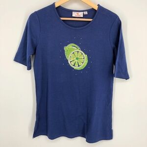 Quacker Factory Womens Tee Size XS Blue Lime Sequin Fruit Novelty Cotton Stretch